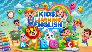 Banner edukatif dan menyenangkan untuk "Kids Learning English" dengan huruf berwarna-warni, hewan kartun lucu, dan latar belakang ceria.