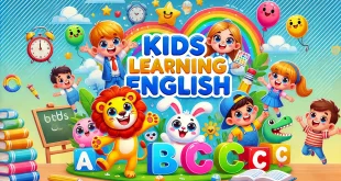 Banner edukatif dan menyenangkan untuk "Kids Learning English" dengan huruf berwarna-warni, hewan kartun lucu, dan latar belakang ceria.